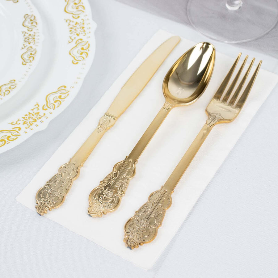 24 Pcs Plastic Silverware Set in Baroque Style Metallic Gold - Heavy Duty Disposable Knife, Fork, and Spoon Set
